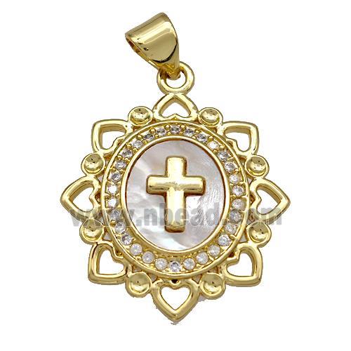 Copper Cross Pendant Pave Shell Zirconia 18K Gold Plated