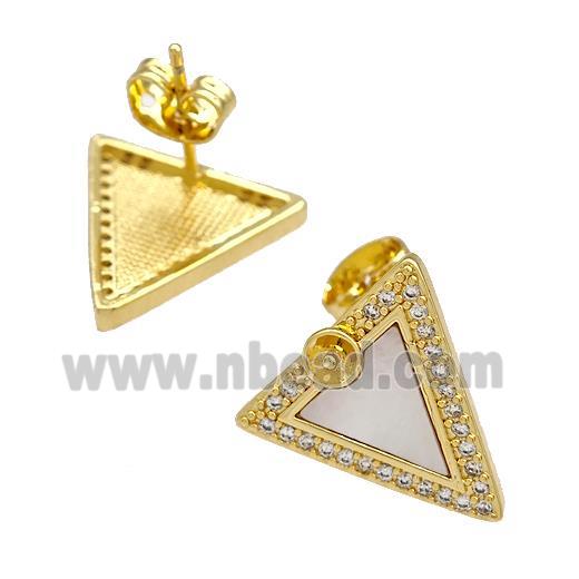 Copper Triangle Stud Earrings Pave Shell Zirconia 18K Gold Plated