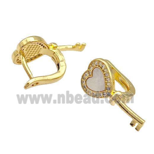 Copper Latchback Earrings Pave Shell Zircon Key 18K Gold Plated