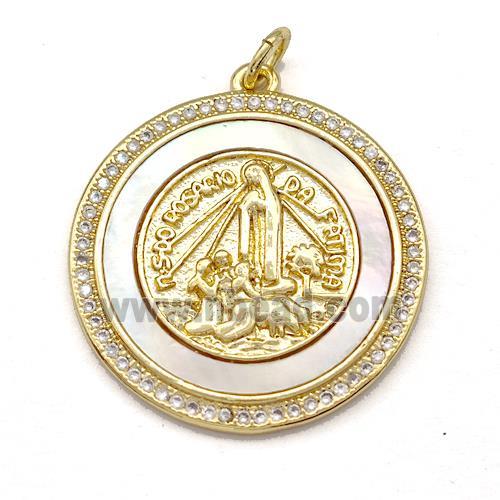 Jesus Charms Copper Pendant Pave Shell Zircon Circle Religious 18K Gold Plated