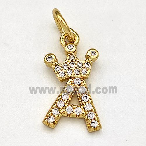 Copper Pendant Pave Zirconia Letter-A Crown Gold Plated