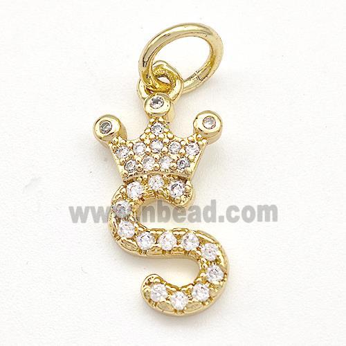 Copper Pendant Pave Zirconia Letter-S Crown Gold Plated