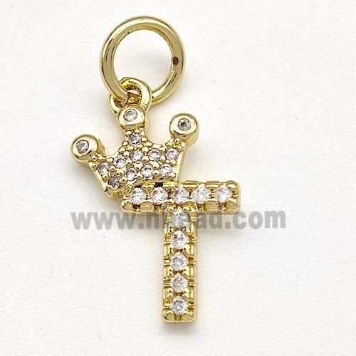 Copper Pendant Pave Zirconia Letter-T Crown Gold Plated