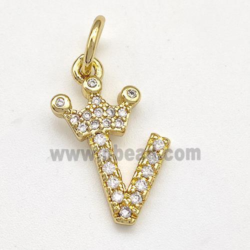 Copper Pendant Pave Zirconia Letter-V Crown Gold Plated
