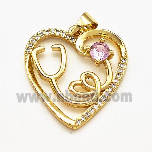 Copper Heart Pendant Pave Zircon Stethoscope Gold Plated