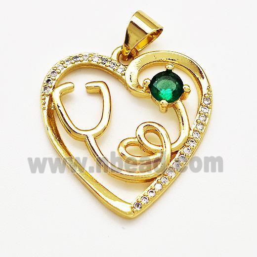 Copper Heart Pendant Pave Zircon Stethoscope Gold Plated