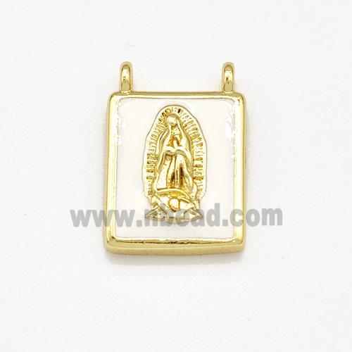 Copper Rectangle Pendant Virgin Mary White Enamel 2loops Gold Plated