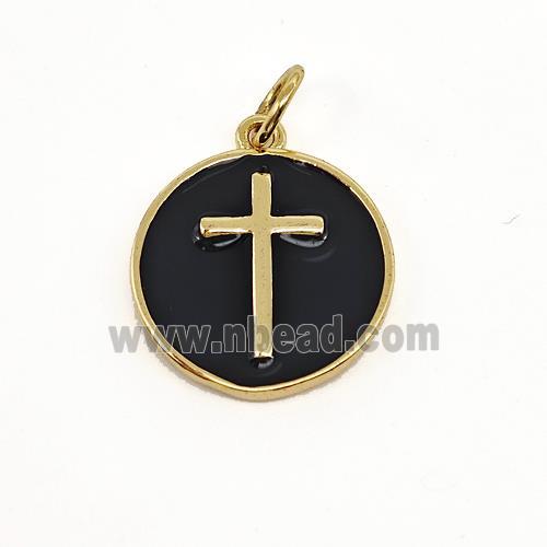 Copper Circle Pendant Cross Black Enamel Gold Plated
