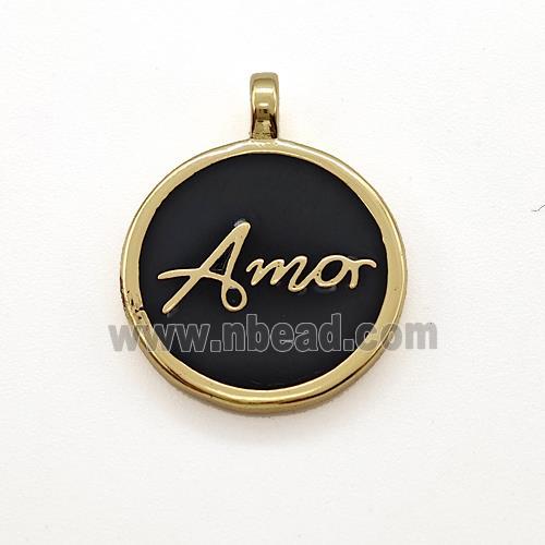 Copper Circle Pendant Amor Black Enamel Gold Plated