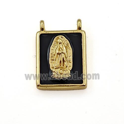 Copper Rectangle Pendant Virgin Mary Black Enamel 2loops Gold Plated