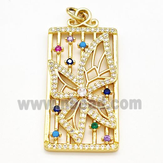 Copper Rectangle Pendant Pave Zircon Butterfly Gold Plated