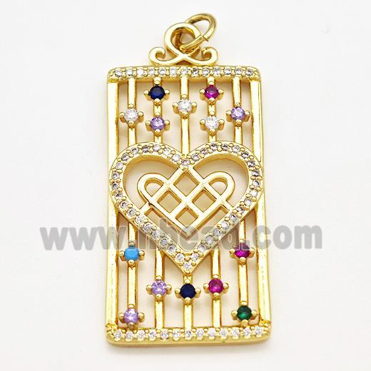Copper Rectangle Pendant Pave Zircon Heart Gold Plated