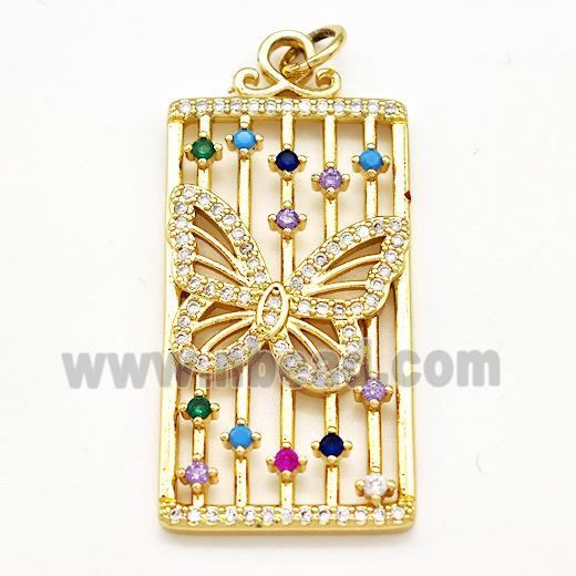 Copper Rectangle Pendant Pave Zircon Butterfly Gold Plated