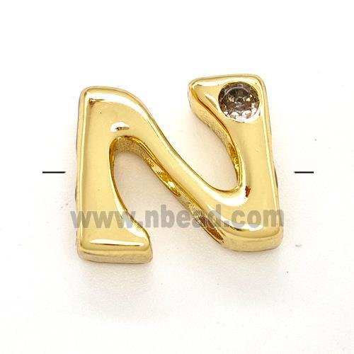 Copper Letter-N Beads Pave Zircon Gold Plated
