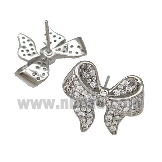 Copper Bow Stud Earrings Pave Zircon Platinum Plated