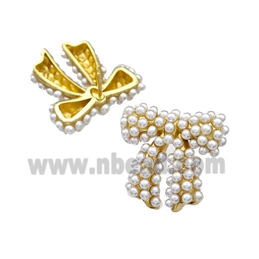 Copper Bow Stud Earrings Micro Pave Pearlized Resin Gold Plated