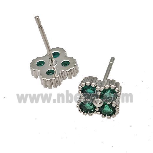 Copper Stud Earrings Micro Pave Green Zirconia Flower Platinum Plated
