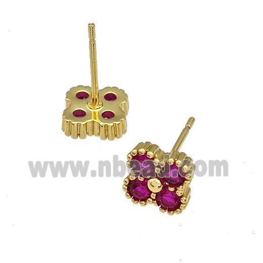 Copper Stud Earrings Micro Pave Zirconia Flower Gold Plated