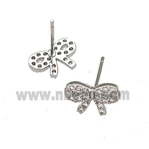 Copper Bow Stud Earrings Pave Zirconia Platinum Plated