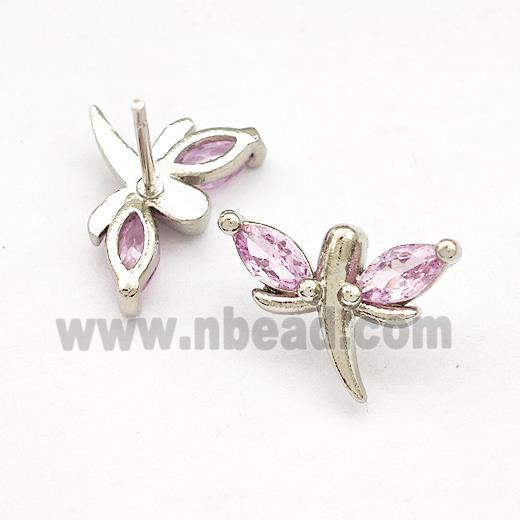 Copper Dragonfly Stud Earrings Pave Pink Zirconia Platinum Plated