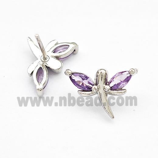 Copper Dragonfly Stud Earrings Pave Purple Zirconia Platinum Plated
