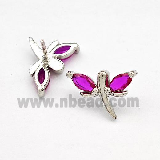 Copper Dragonfly Stud Earrings Pave Fuchsia Zirconia Platinum Plated