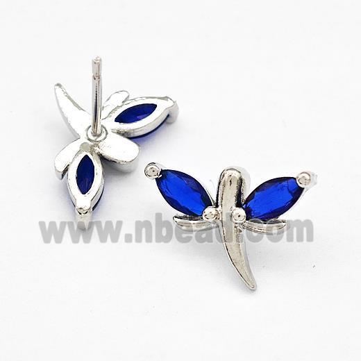 Copper Dragonfly Stud Earrings Pave Blue Zirconia Platinum Plated