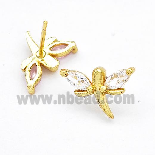 Copper Dragonfly Stud Earrings Pave Zirconia Gold Plated