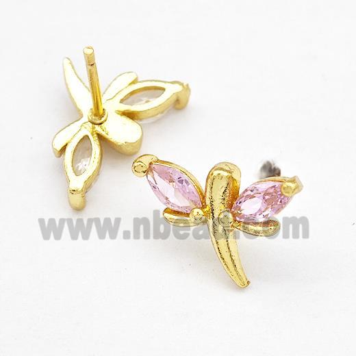 Copper Dragonfly Stud Earrings Pave Pink Zirconia Gold Plated