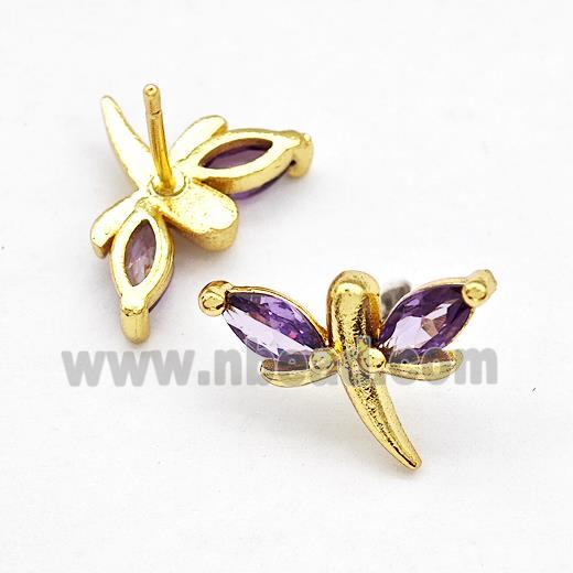 Copper Dragonfly Stud Earrings Pave Puprle Zirconia Gold Plated