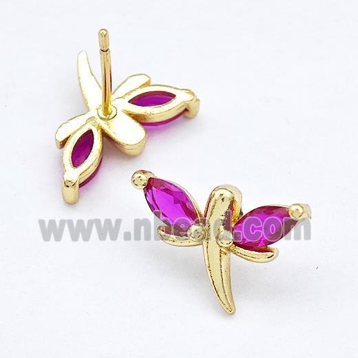 Copper Dragonfly Stud Earrings Pave Fuchsia Zirconia Gold Plated