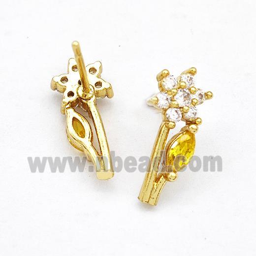Copper Flower Stud Earrings Pave Zircon Gold Plated