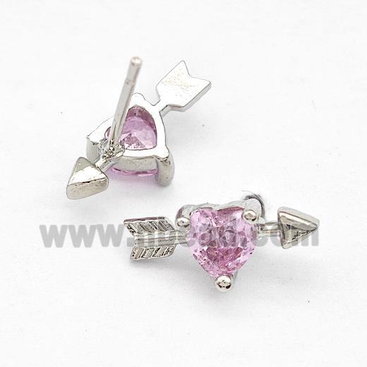 Copper Stud Earrings Pave Pink Zircon Cupids Arrow Heart Platinum Plated