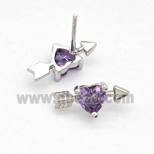 Copper Stud Earrings Pave Purple Zircon Cupids Arrow Heart Platinum Plated