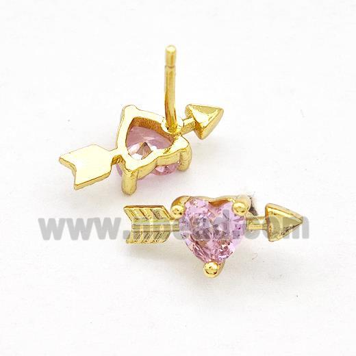 Copper Stud Earrings Pave Pink Zircon Cupids Arrow Heart Gold Plated