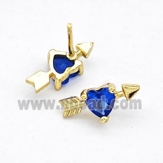 Copper Stud Earrings Pave Blue Zircon Cupids Arrow Heart Gold Plated
