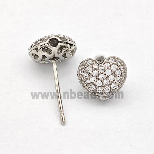 Copper Stud Earrings Pave Zirconia Heart Platinum Plated