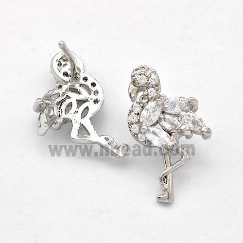 Copper Crane Stud Earrings Pave Zirconia Platinum Plated
