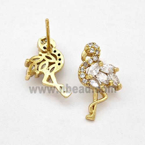 Copper Crane Stud Earrings Pave Zirconia Gold Plated