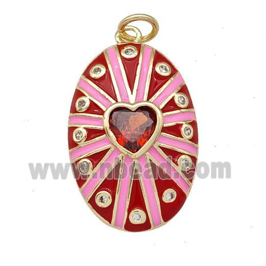 Copper Oval Pendant Pave Red Zirconia Heart Red Enamel Gold Plated
