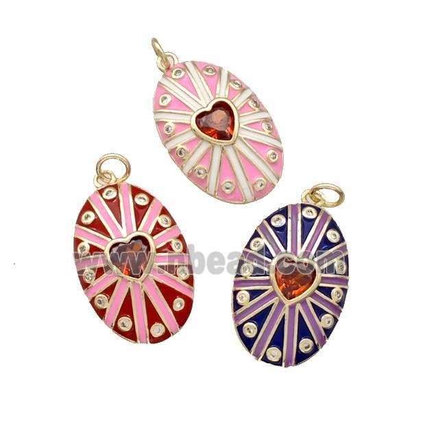 Copper Oval Pendant Pave Red Zirconia Heart Enamel Gold Plated Mixed