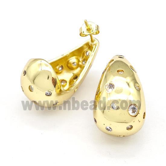 Copper Teardrop Stud Earrings Micro Pave Zirconia Hollow Gold Plated