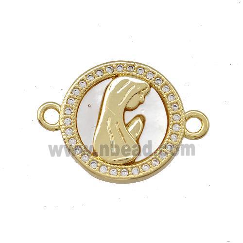 Virgin Mary Charms Copper Circle Connector Pave Shell Zirconia Prayer 18K Gold Plated