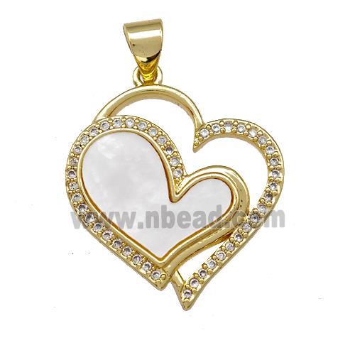 Double Heart Charms Copper Pendant Pave Shell Zirconia 18K Gold Plated