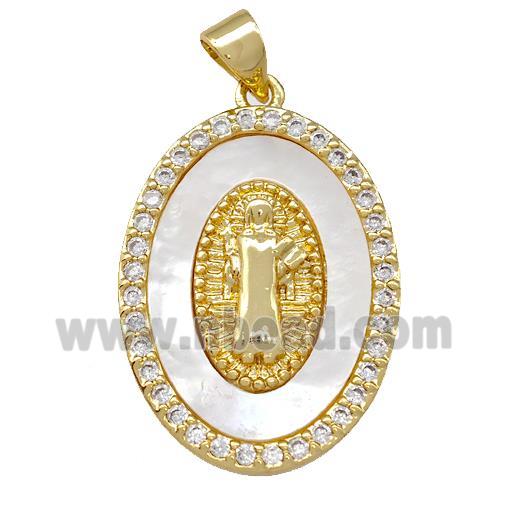 Jesus Charms Copper Oval Pendant Pave Shell Zirconia 18K Gold Plated