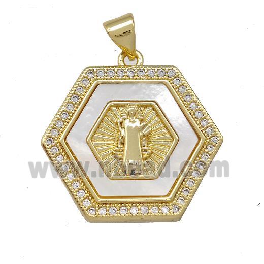 Jesus Charms Copper Hexagon Pendant Pave Shell Zirconia 18K Gold Plated
