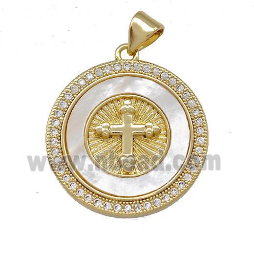 Copper Circle Pendant Pave Shell Zirconia Cross 18K Gold Plated