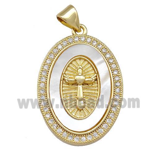 Copper Oval Pendant Pave Shell Zirconia Cross 18K Gold Plated