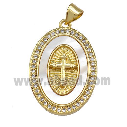 Copper Oval Pendant Pave Shell Zirconia Cross 18K Gold Plated