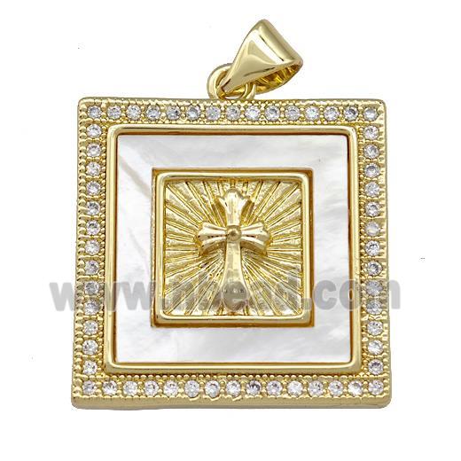 Copper Square Pendant Pave Shell Zirconia Cross 18K Gold Plated
